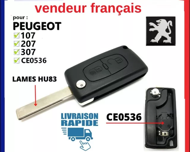 Coque Clé Plip Compatible Peugeot 107 207 307 2 bouton CEO536 Lame HU83 Rainure