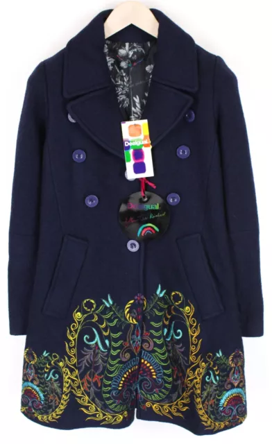 Desigual Femme Manteau ~EU38 Marine Laine Mélange Long Manche Brodé mi-Longueur