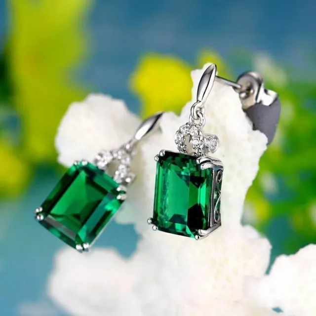 Lovely Earring 925 Sterling Silver Simulated Green Emerald 14K White Gold Plated 3