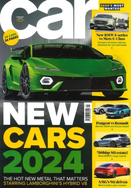 Car Magazine: Lambo Hybrid V8, BMW 5-Series, Merc E-Class, Peugeot, Jan 2024