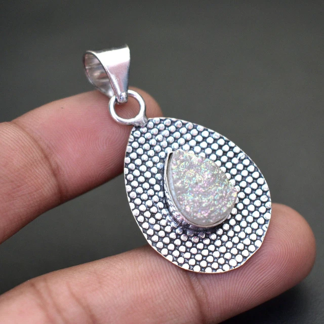 Pendentif Cœur En Druzy De Titane Rose - Fait Main En Inde, Plaque Argent - Bijou Vintage énergétique