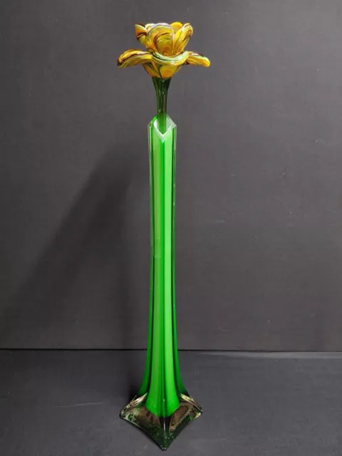 Vintage Tall Green Glass Vase With Glass Hand Made Flower