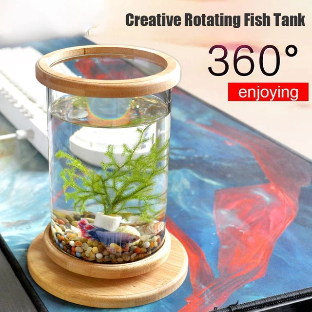 Rotating Glass Betta Fish Tank Bamboo Base Mini Aquarium Fish Bowl Decoration
