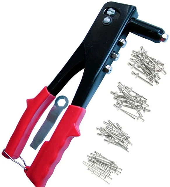 HEAVY DUTY HAND Riveter Pop Rivet Gun 4 Nozzles 75 Rivets Kit Tool £8.