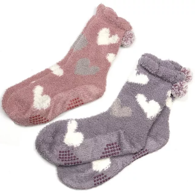 POM Ankle Socks Anti Slip Pink Mauve Heart 4-7 Pom Poms 2 Pairs Clearance Sale