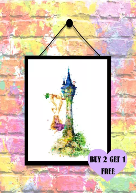 BUY 2 GET 1 FREE Rapunzel Tangled Tower Disney Princess Watercolour Print A4