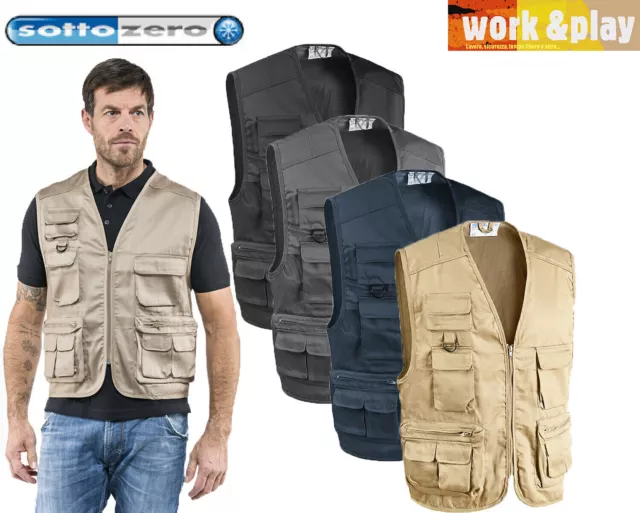 Gilet da Lavoro Multitasche Smanicato Uomo Pesca Caccia in Cotone Poliestere SC