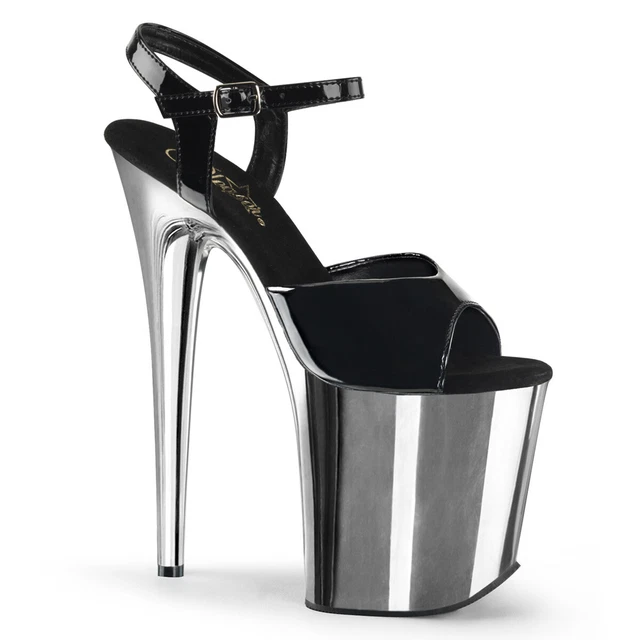 FLAMINGO-809 Pleaser Hauts Talons Sandales Plateformes Noir Vernis Argent Chrome