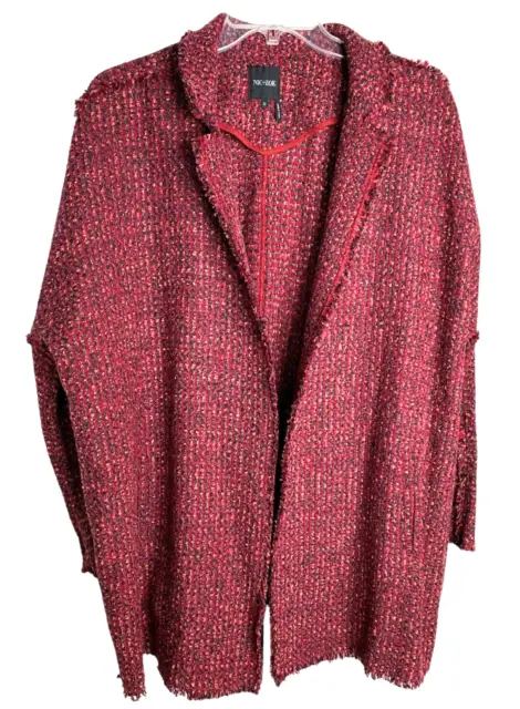 Nic +Zoe Womens Red Tweed Open Front Knit Jacket with Raw Seams Size 2X