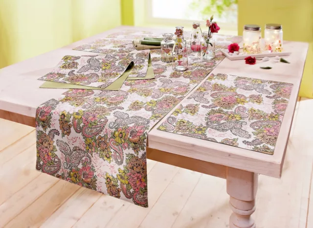 1x Wende-Tischläufer Tischdecke + 6x Wende-Tischset Platzset Paisley Rose Grün