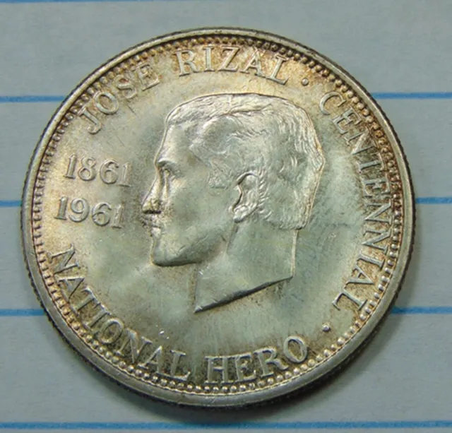 Philippines ~ 1961 Half Peso .900 Silver Jose Rizal Centennial