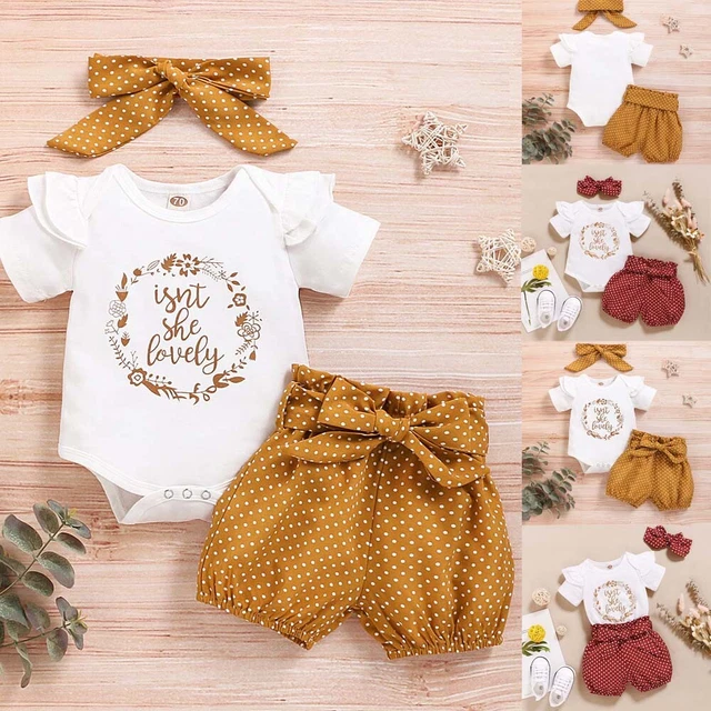 3PCS Newborn Baby Girl Polka Dot Bodysuit Tops Pants Headband Outfits Clothes