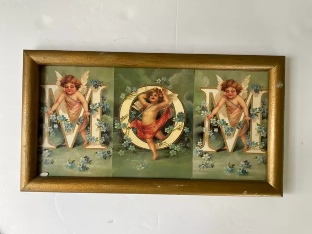 € Vintage Framed Postcard Art “MOM” Angel Cherubs Gold Wood Frame Wall Hang Moth