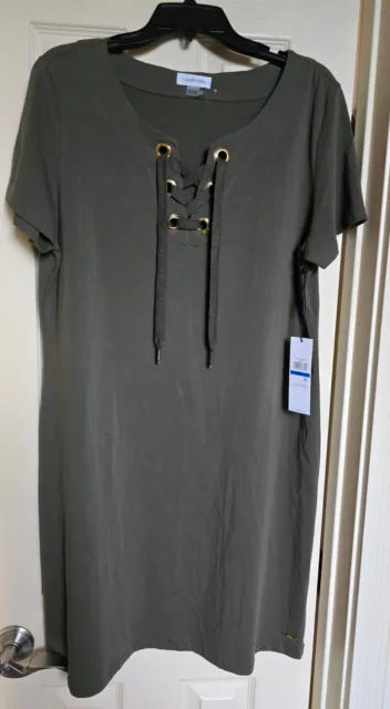 Calvin Klein LACE-UP Metal Logo T-Shirt Dress OLIVE (Size X-LARGE) NWT MSRP $59