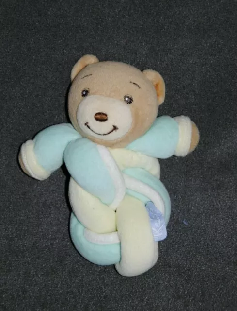 Peluche Doudou Ours Bleu KALOO 2005 Torsade Turquoise Jaune Pâle Grelot 15 Cm
