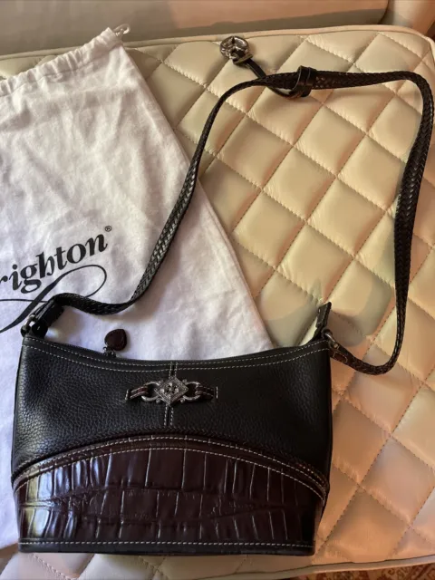 BRIGHTON Two-Toned Black Brown Croco Embossed Leather Trim Bag Shoulder Purse