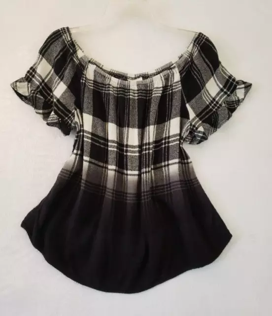 Knox Rose shirt Women Plus Size XXL Black/Cream Buffalo Check Dip Dye Short Slv