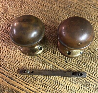 Pair Antique Stamped Brass Banded Rim Doorknobs With Cast Brass Rosettes, c1890