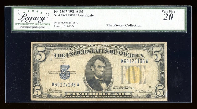 DBR 1934-A $5 Silver North Africa Fr. 2307 Legacy VF-20 Serial K60124196A