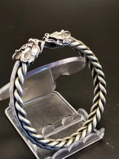 Beautiful Quality Old Solid Tibetan Miao Silver Hollow Out Dragon Bracelet QE1