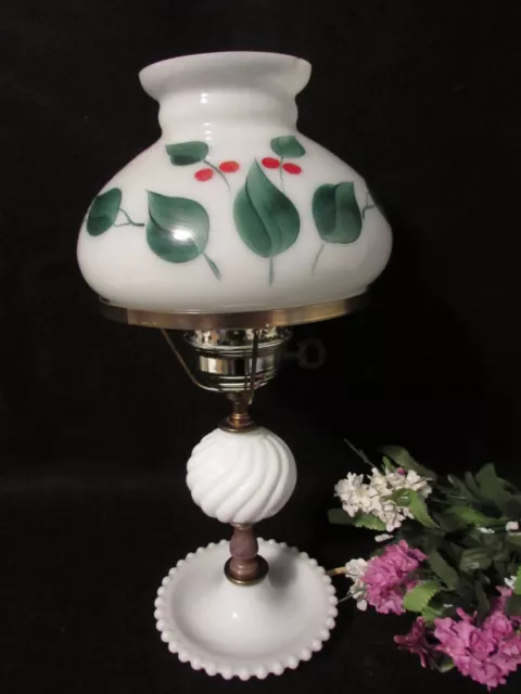 Vintage White Milk Glass Hand Painted Gwtw Hurricane Shade Table Lamp 16.5" Tall