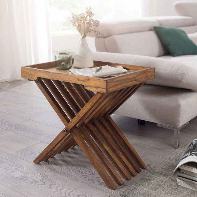 FineBuy Mesa Auxiliar con Bandeja 60x40x57cm Madera Maciza Mesita de Café Salón