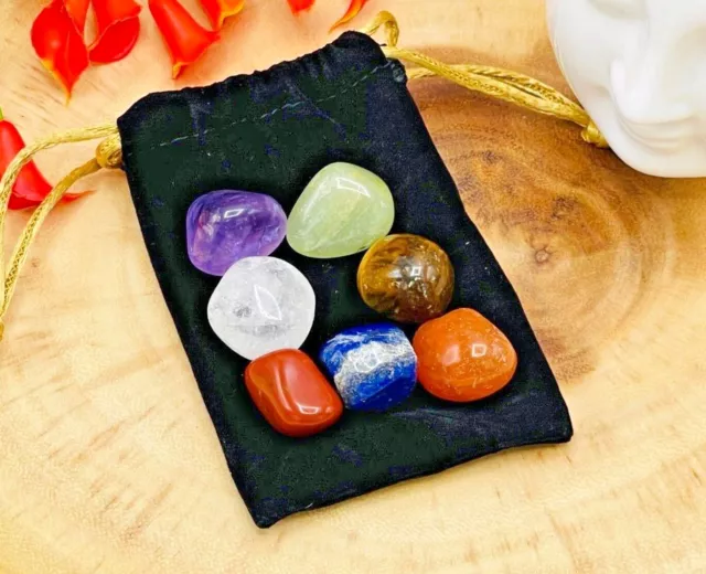 7 Chakra Tumbled Stones Set With Velvet Pouch, Polished Healing Stones, Reiki