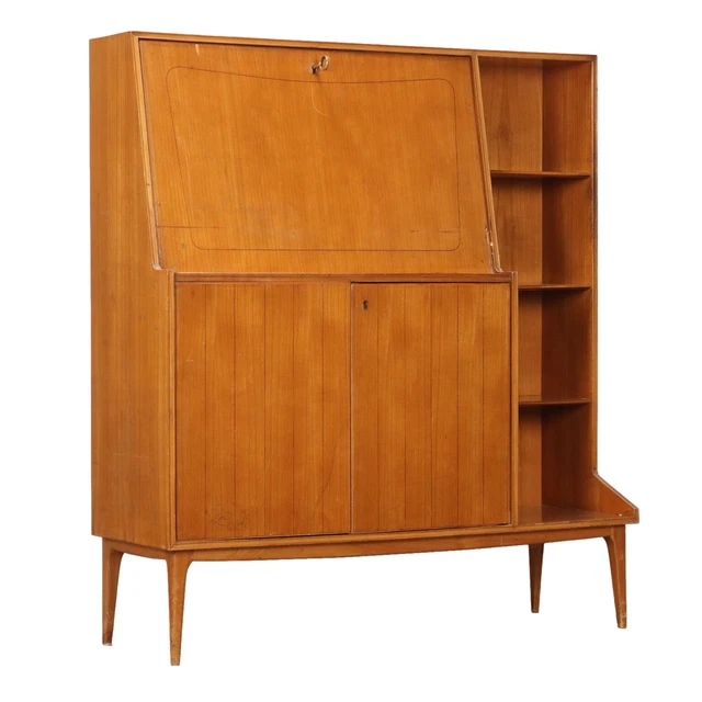 Mobile Vintage Ribalta Italia Anni 50 Scrittoio Legno Impiallacciato Frassino