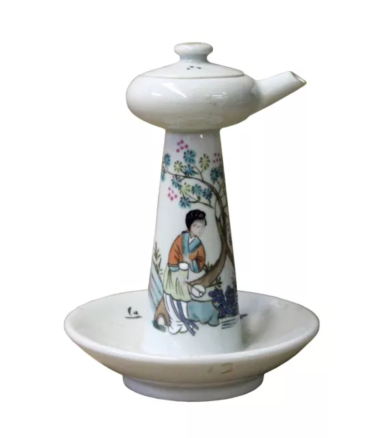 Chinese Ancient Style Ceramic Lady Side Scene Garden Play Drawing Oil Lamp n363