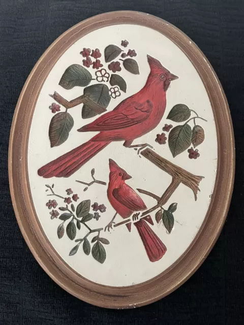 Vintage Modern Art Co Made USA Chalkware Oval Wall Plaque Red Cardinals Birds