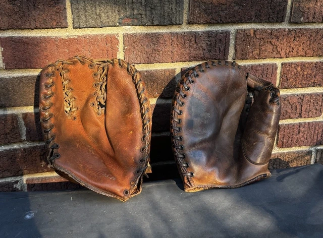 VINTAGE ANTIQUE Soft Brown leather baseball mitt baseman Old