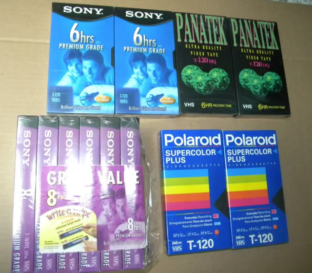 12- new sealed 6-8 hour VHS TAPES T-120 SONY, POLOROID, PANATEK