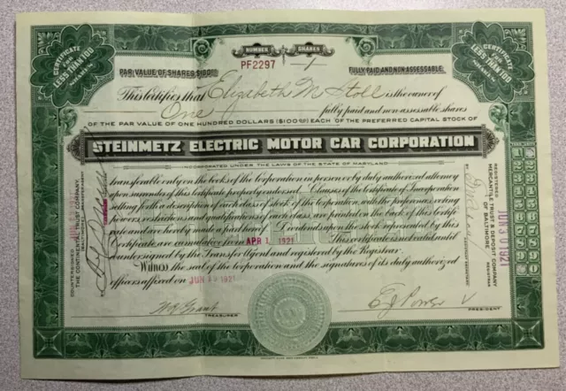 1921 Stock Certificate Steinmetz Electric Motor Car Corporation EV History
