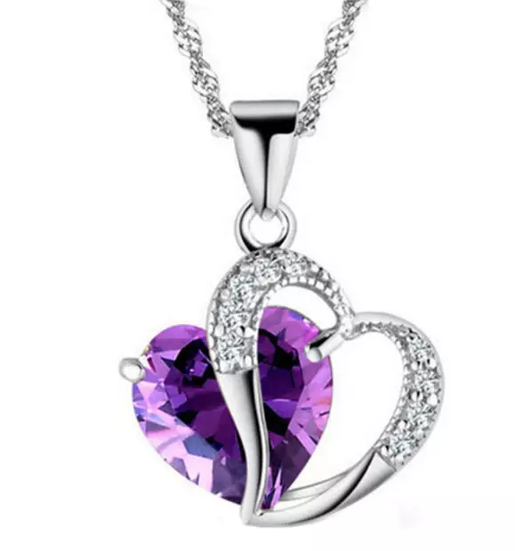925 Sterling Silver Plated Crystal Heart Pendant Necklace Women Jewellery Gift