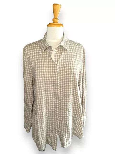 LAFAYETTE 148 Check Linen/Wool Blend Concealed Button Blouse Beige White size XL