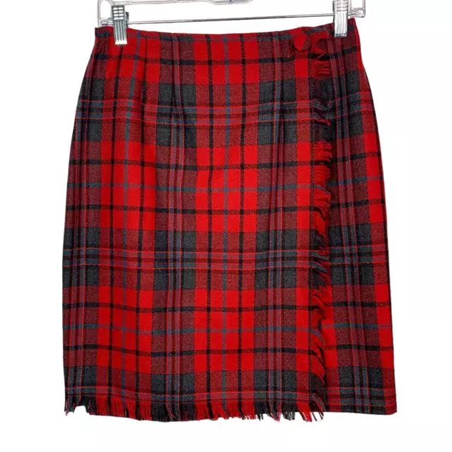 Vintage Forenza Red Blue Tartan Plaid Wrap Wool Blend Skirt, Size 8