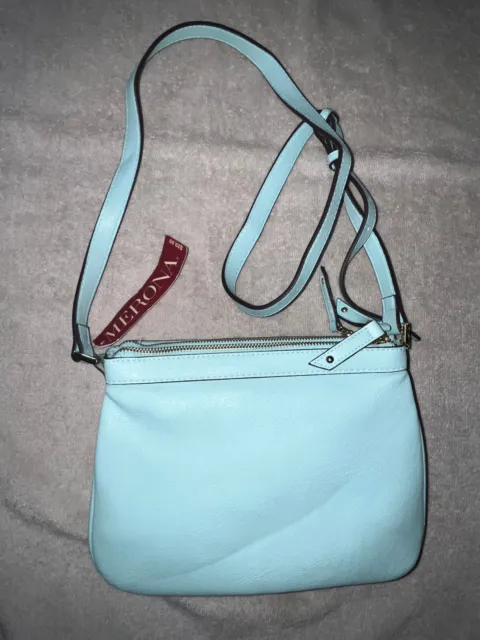 Merona Aqua Green Crossbody Handbag Purse Faux Leather- Adj Strap Messenger Bag