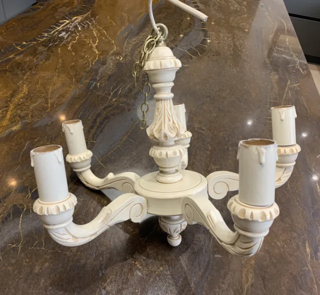 Cream 5 Arm Ceiling Light Fitting chandelier Wood Carved Vintage