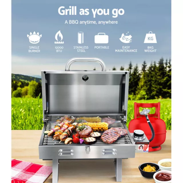 Portable Gas BBQ Grill Outdoor Camping Barbeque Stainless Steel LPG Cooker Camp