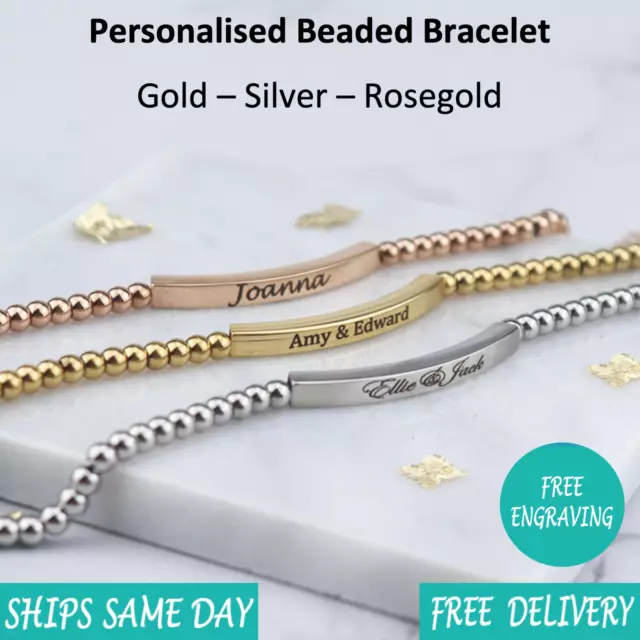 Personalised Engraved Jewellery Beaded Bracelet- Silver Rose Gold-Christmas Gift