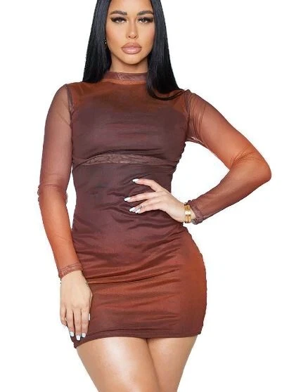 PRETTYLITTLETHING SHAPE BROWN Ombre Mesh Ruched Bodycon Dress