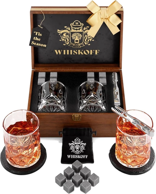 WHISISKEY Set Bicchieri Da Whisky - Regalo Per Uomo Con 2 Bicchieri, Pietre Di Ghiaccio, Sottobicchieri