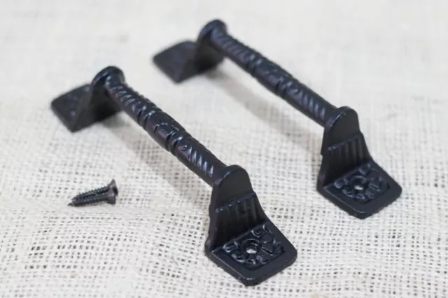 2 Cast Iron Black Barn Handle Gate Pull Shed Door Handles Fancy Drawer Pulls 2