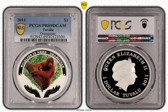 Tuvalu 2011 Proof $1 Silver 1Oz Wildlife In Need Orangutan Series PCGS PR69DCAM