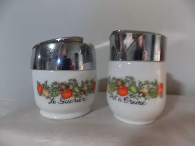 Vintage CORNING WARE Gemco Milk Glass Cream & Sugar Bowl  Lids Set SPICE OF LIFE