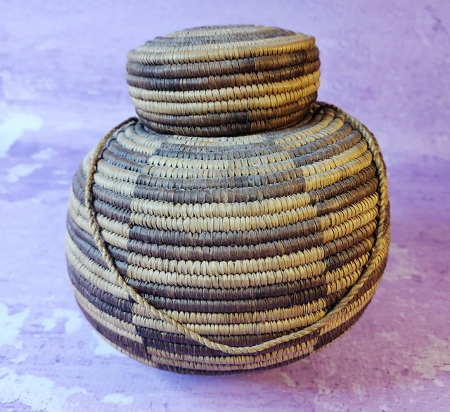 Native African Coil Basket Hand Woven 7 Inch Two Tone Covered Lid Handle Vintage