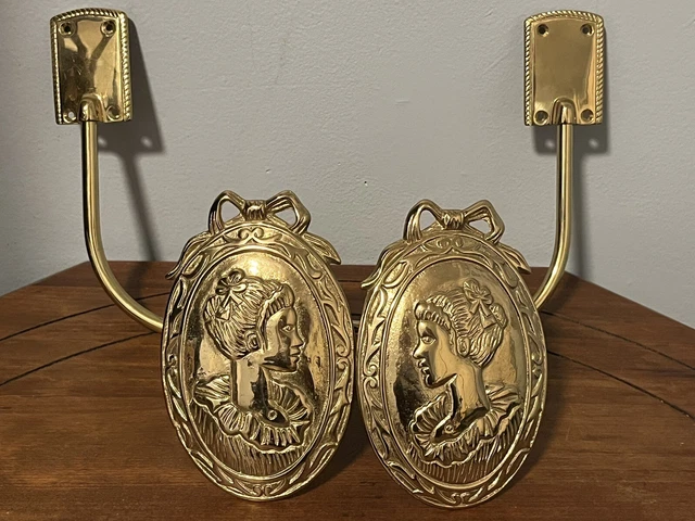 Fabulous Rare Sand Cast Brass Cameo Curtain Drapery Tie Backs Stamped NTY
