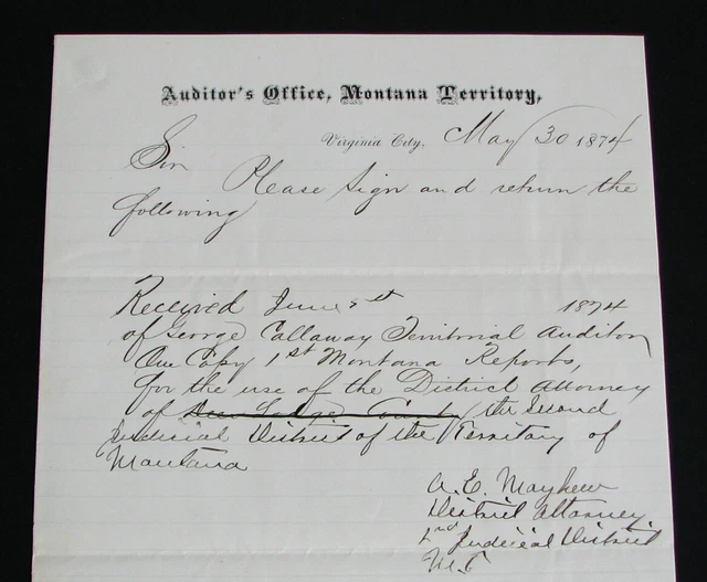 #272 - old 1874 VIRGINIA CITY, MONTANA TERRITORY letterhead AUDITOR'S OFFICE