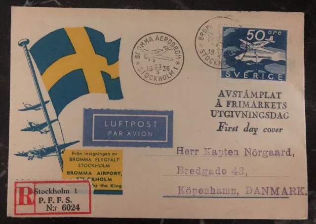 1936 Stockholm Sweden First Flight cover FFC to Copenhagen Denmark