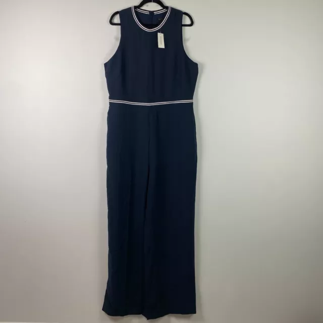 Banana Republic Wide-Leg Jumpsuit Navy Blue with Pockets Size 16 Tall White Trim